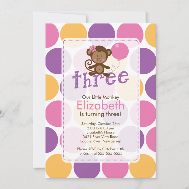 Petite invitation d'anniversaire de singe de (Devant)