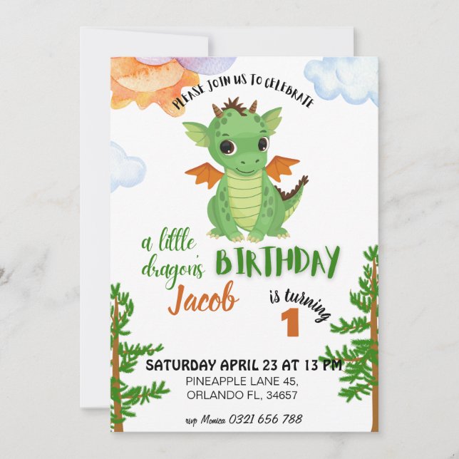 Petite invitation d'anniversaire Dragon, garçon bé (Devant)