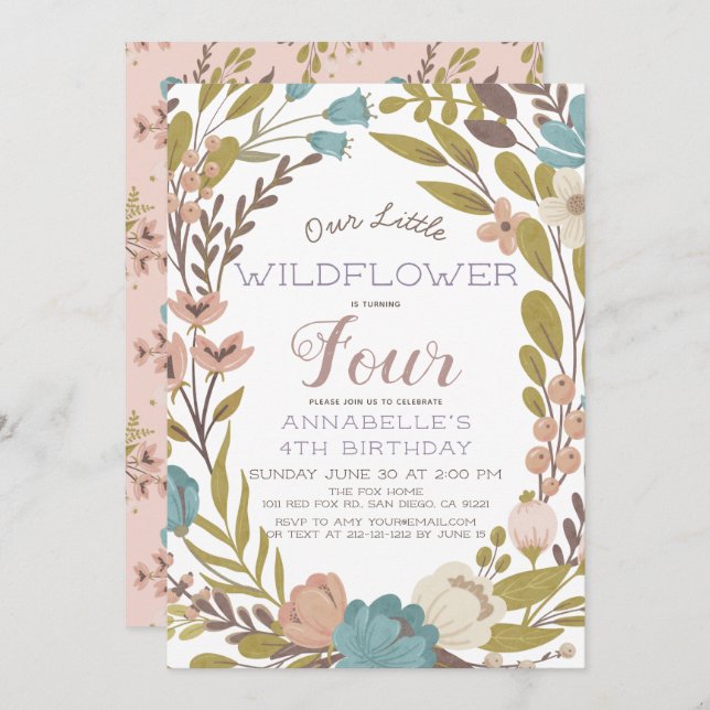 Petite invitation d'anniversaire Fleur sauvage (Devant / Derrière)