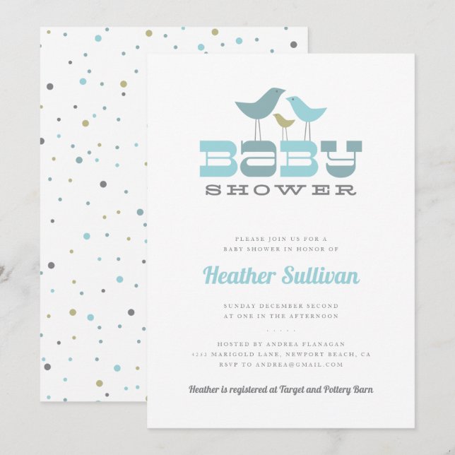 Petite invitation de baby shower d'oiseau - bleu (Devant / Derrière)