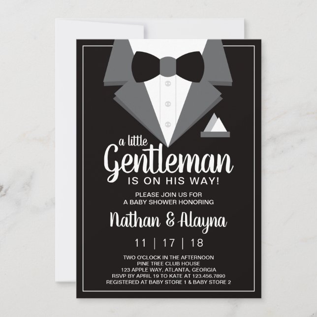 Petite invitation de Baby shower Gentleman, Tuxedo (Devant)