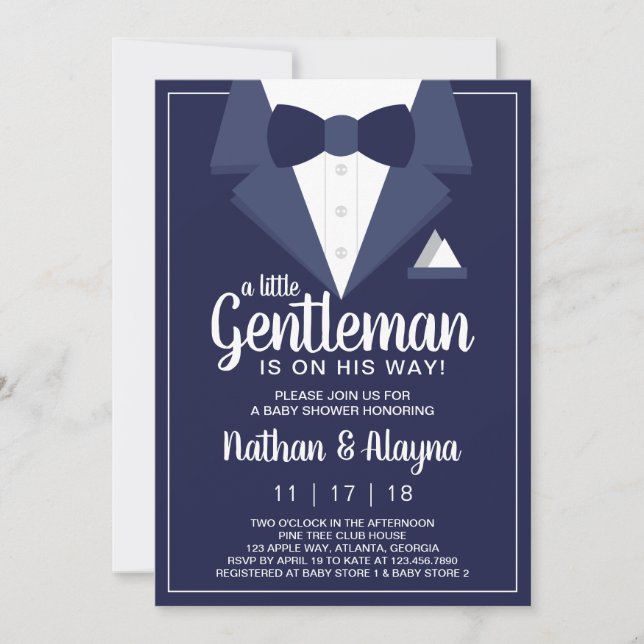 Petite invitation de Baby shower Gentleman, Tuxedo (Devant)