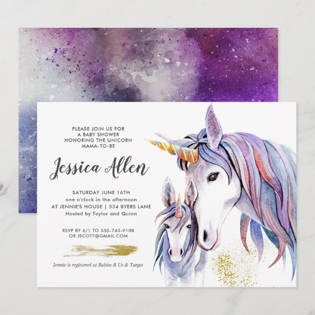 Petite Invitation de Baby shower Unicorn (Devant / Derrière)