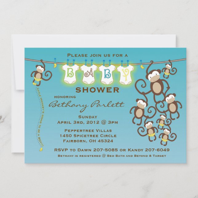 Petite invitation de douche de bébé de singe (Devant)