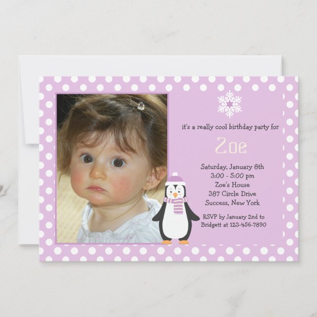 Petite invitation de photo de rose de pingouin (Devant)