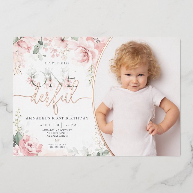 Petite Miss Onederful Rose Floral Invitation (Recto)