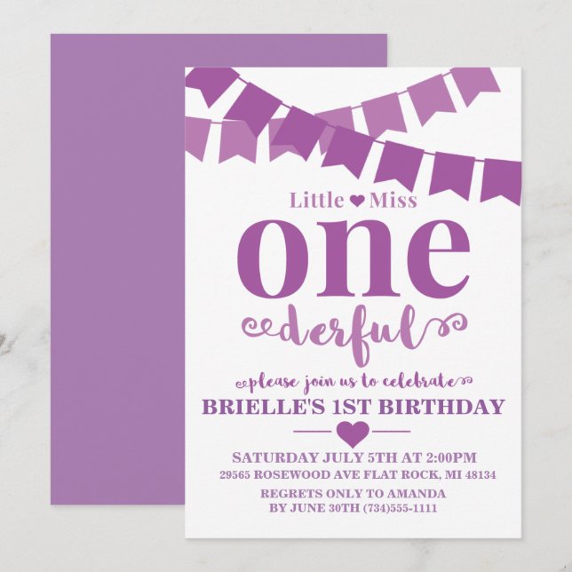 Petite Mlle Onederful Purple Invitation d'annivers (Devant / Derrière)