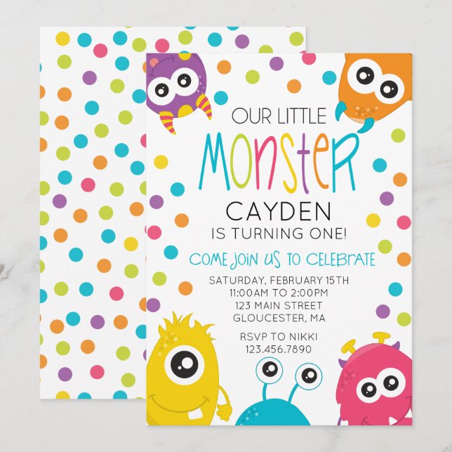 Petite Monster Anniversaire Fête Invitations Pois (Devant / Derrière)