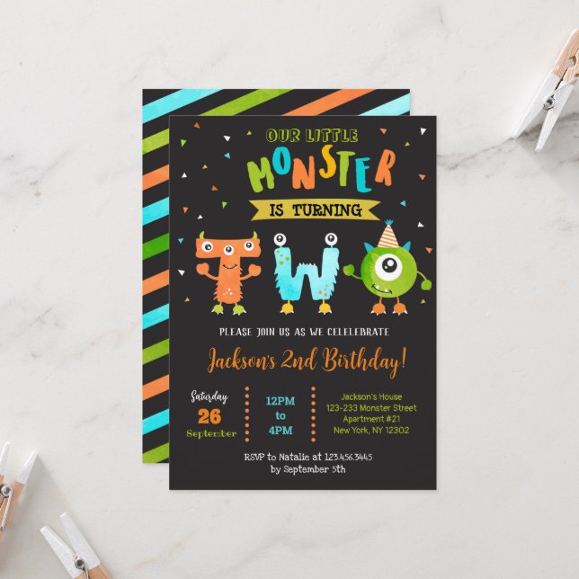 Petite Monsterst 2e anniversaire Invitations de fê (Devant/Arrière en situation)