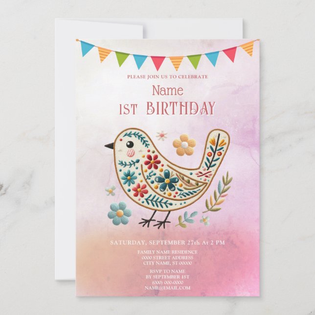 Petite Oiseau Floral rose Anniversaire Invitation (Devant)