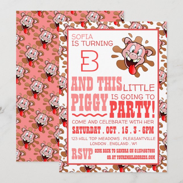 Petite Piggy Anniversaire Fête Invitation (Devant / Derrière)
