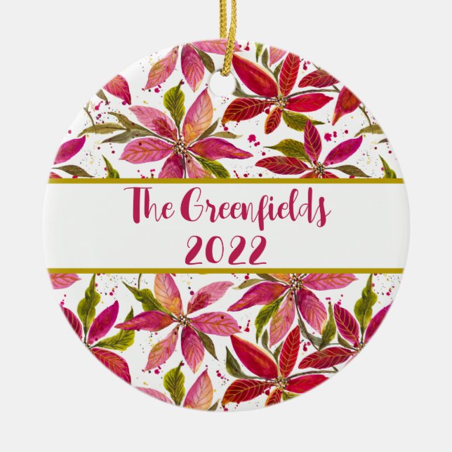 Petite Poinsettias Customizable Ceramic Ornament (Front)