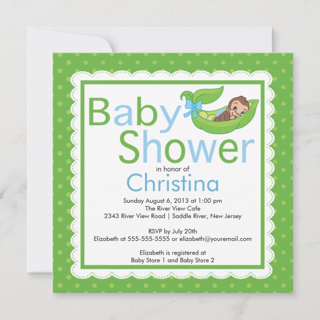 Petite pois de singe Pod Bébé Invitations de douch (Devant)