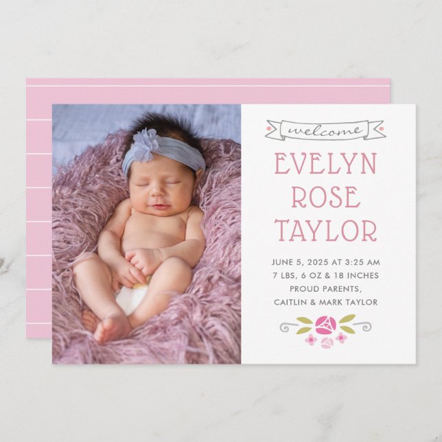 Petite Rose birth announcement card (Front/Back)
