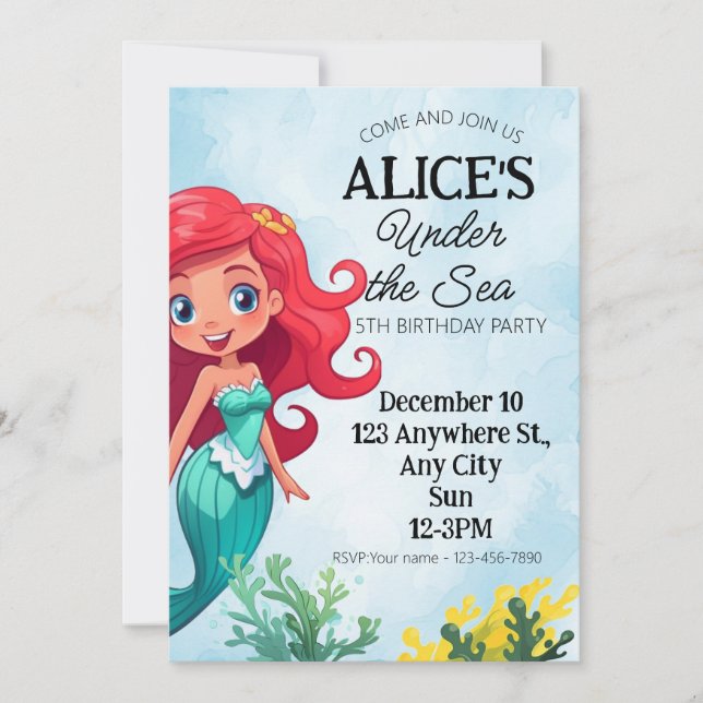 Petite Sirène Aquarelle Invitation Anniversaire (Devant)