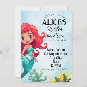 Petite Sirène Aquarelle Invitation Anniversaire