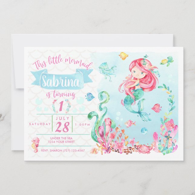 Petite sirène de tête rouge Invitation d'anniversa (Devant)