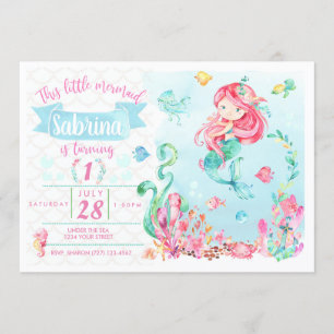 Petite sirène de tête rouge Invitation d'anniversa