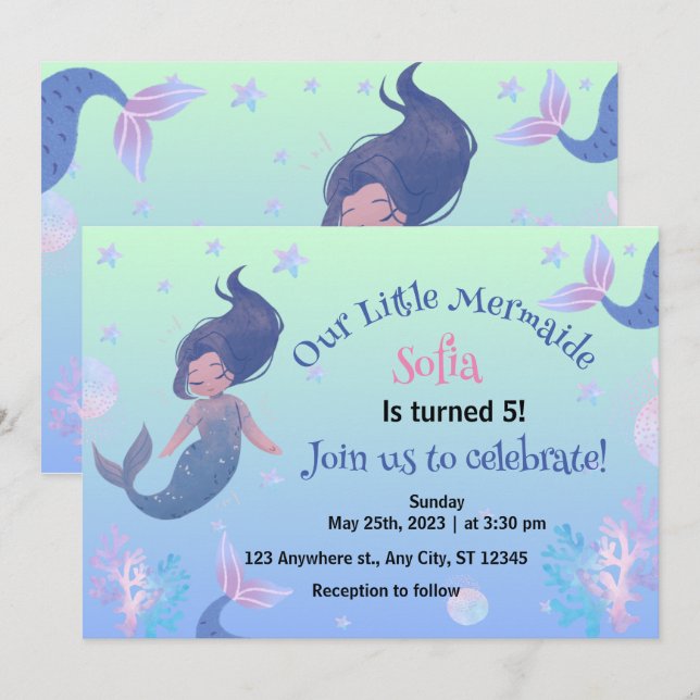 Petite Sirène rose 5e anniversaire Invitation (Devant / Derrière)