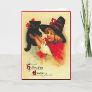 Petite sorcière et carte vintage Halloween de chat