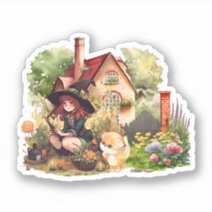 Petite Sorcière Et Renard Mignon Autocollant