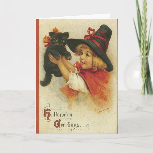 Petite sorcière mignonne, cartes de Halloween, (Devant)