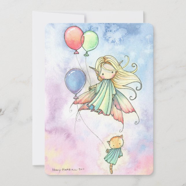 Petites fées et chattes Invitations de fête d'anni (Devant)