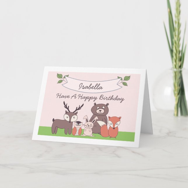 Petites filles Animaux de bois Carte d'anniversair (Devant)