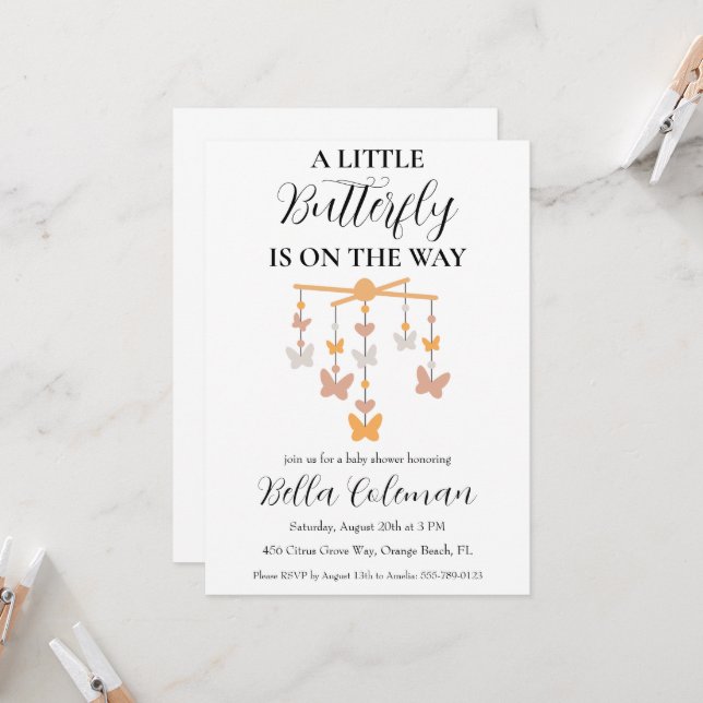 petites invitations à la douche pour bébé papillon (Devant/Arrière en situation)