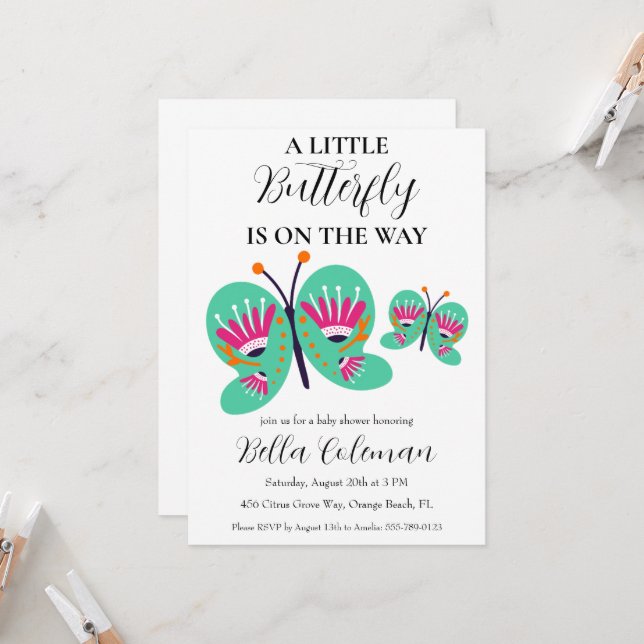 petites invitations à la douche pour bébé papillon (Devant/Arrière en situation)