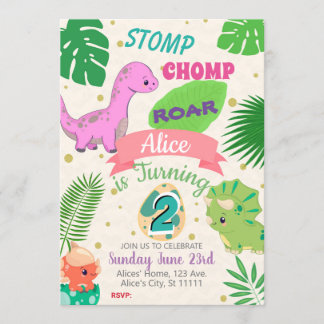 PETITS DINOSAURS FILLE 2E ANNIVERSAIRE INVITATION