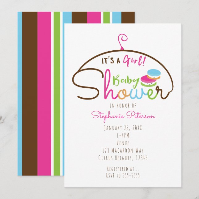 Petits Macarons Girl Baby Shower Invitations (Devant / Derrière)