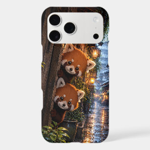 Petits pandas roux curieux rue lanterne pluvieuse