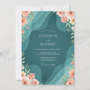 Petrol Apricot Ranunculus Eucalyptus Wedding Invitation