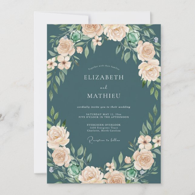 Petrol Champagne Petal Wedding Invitation (Front)