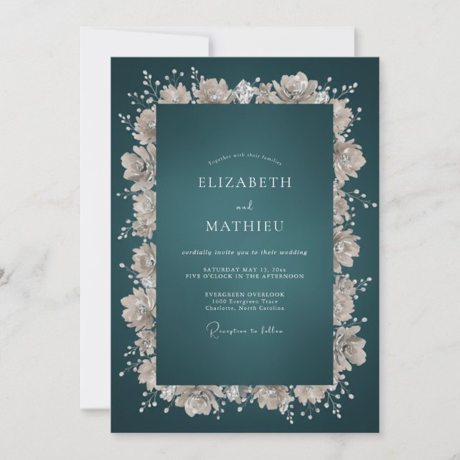 Petrol Cream Blossom Wedding Invitation (Front)