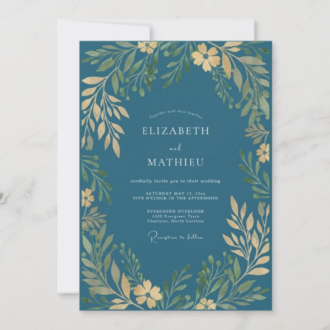 Petrol Gold Leaf Wedding Invitation (Front)