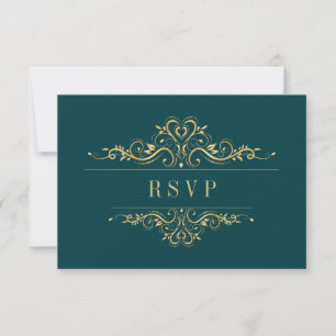 Petrol Green Elegant Golden Frame RSVP Card