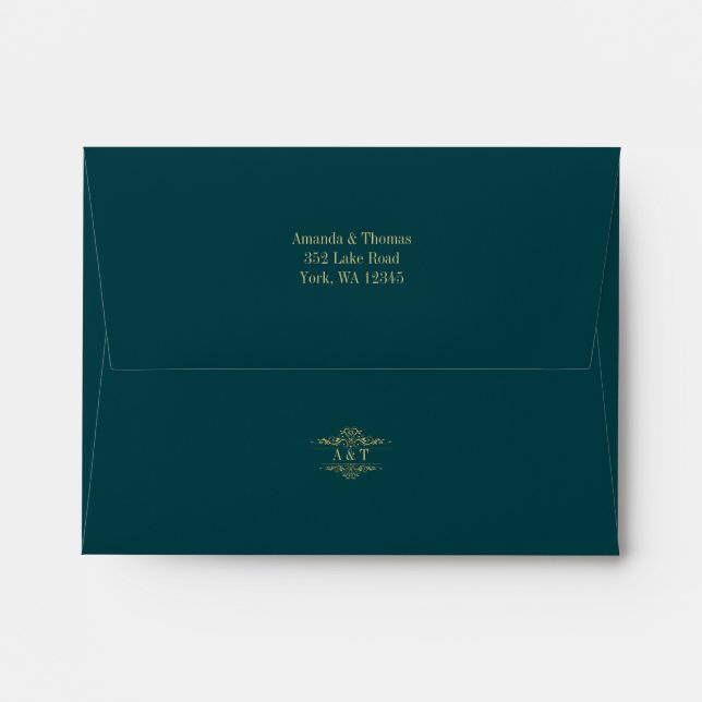 Petrol green golden frame wedding rsvp envelope (Back (Top Flap))