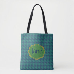 Petrol Leaf Houndstooth Personalized Tote Bag