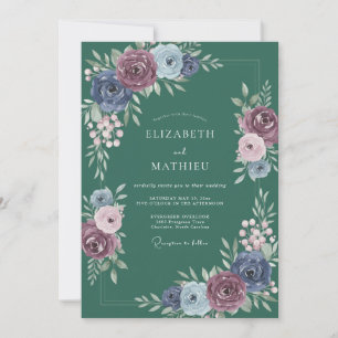 Petrol Plum Ranunculus Eucalyptus Wedding Invitation