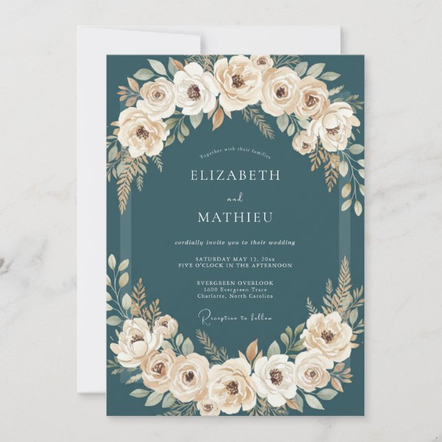 Petrol Rose Wreath Wedding Invitation (Front)
