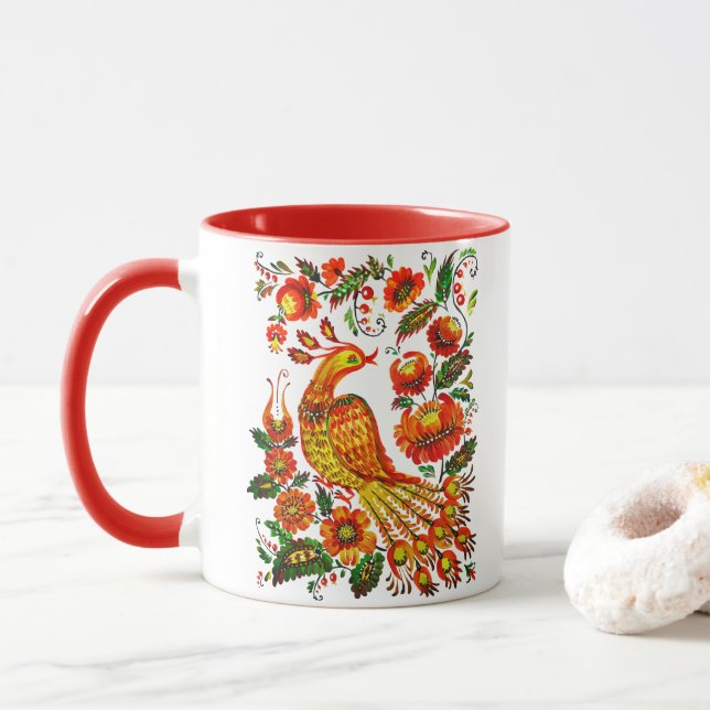 Petrykivka ukrainian firebird mug (With Donut)