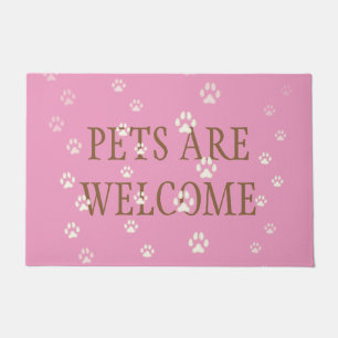 "Pets Are Welcome" Cats & Dogs Pawprints Pink Doormat