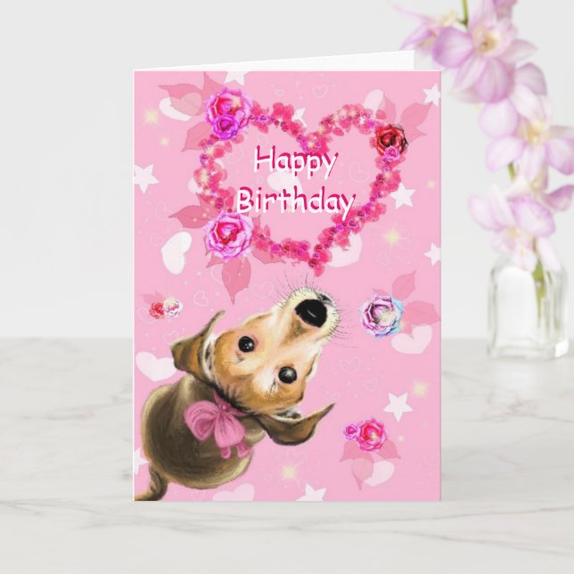 Pets Birthday Card Little Dog With Pink Ribbon (Orchid)