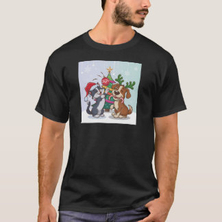 pets cat and dog celebrating Christmas day T-Shirt