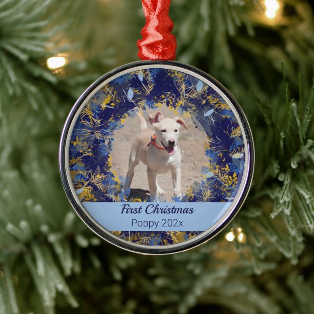 Pets First Christmas Blue Wreath Metal Ornament (Tree)