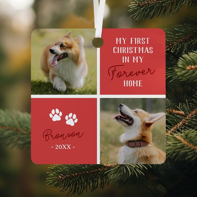 Pets First Christmas Forever Home Red Photo Metal Ornament (Creator Uploaded)