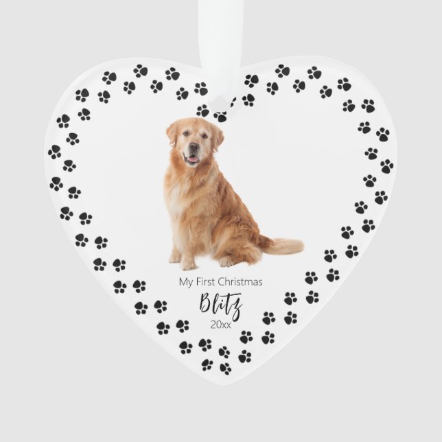 Pet's First Christmas Heart Paw Print Photo Ornament (Front)