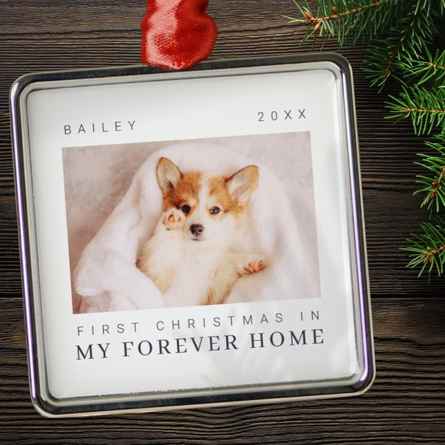 Pet's First Christmas In Forever Home Modern Chic Metal Ornament (Creator Uploaded)